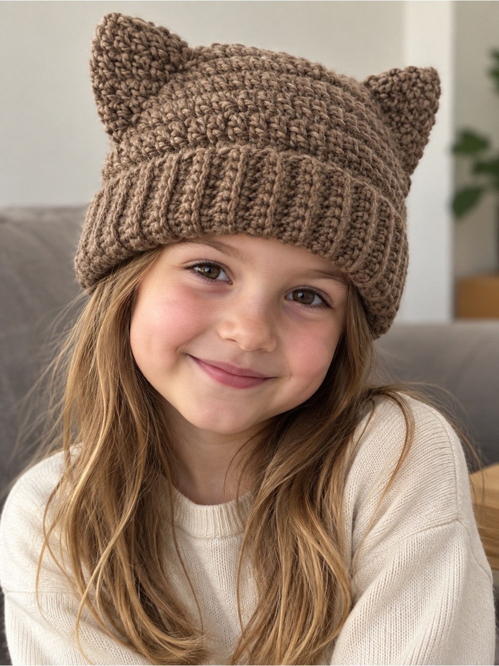 NWOT Handmade 100% Wool Crochet Cat Ear Beanie Kids Brown Chunky Knit Unisex